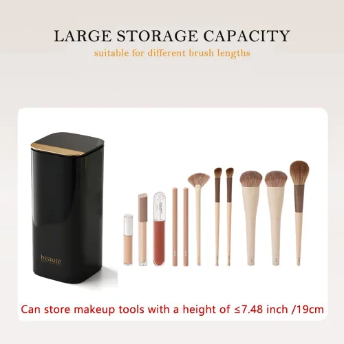 Vista 3 de Soporte para brochas de maquillaje emergente con tapa, organizador de brochas de maquillaje de 4 ranuras, organizador de cosméticos de maquillaje