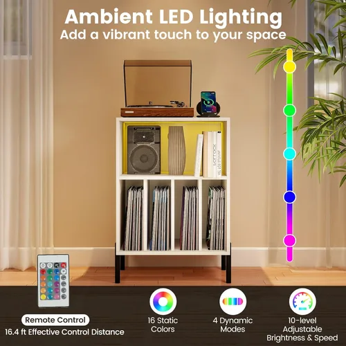 Vista 4 de Giantex Soporte para Tocadiscos con Luces LED y Estación de Carga, Soporte para Tocadiscos con Portadiscos, Mesa para Tocadiscos con Patas de Metal