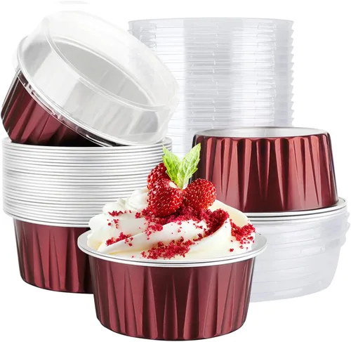 Vista 18 de EUSOAR Moldes desechables de papel de aluminio con tapas, 30 piezas de 5 onzas (4.2 fl oz) de papel de aluminio para magdalenas, tazas para hornear