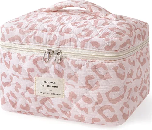 Vista 14 de HBselect Bolsa de Maquillaje Acolchada, Bolsa de Maquillaje Grande de Algodón para Viaje, Lindas Bolsas de Maquillaje con Flores Coquette, Bolsas