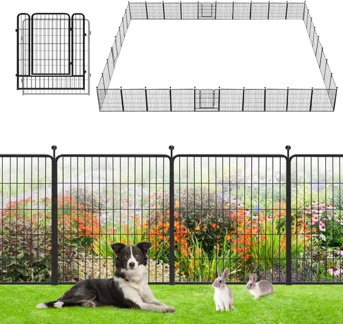 Vista 12 de Valla de Jardín con Puerta Cercado de Metal para Patio, 32 pulgadas x 23 pies 10 Paneles de Valla Sin Excavación Paneles de Valla Temporal