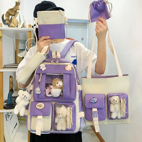 Vista 2 de Mochila escolar estética kawaii, juego de 5 piezas con bonitos pines colgantes de oso, mochila pequeña para laptop, kit esencial Púrpura