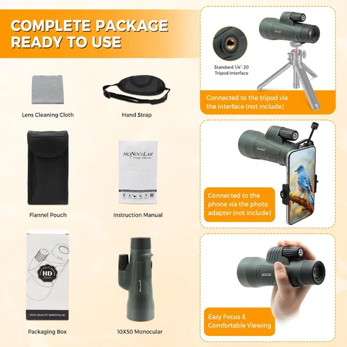 Vista 7 de Astromania Telescopio monocular 10x50 BAK4 monoculares de alta potencia para adultos Compact Portable Waterproof Monocular with Hand Strap