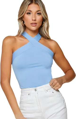 Vista 6 de Floerns Camiseta sin mangas con cuello halter cruzado para mujer Un negro