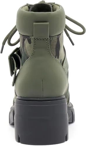Vista 4 de REDTOP Botas de combate para mujer con suela de lengüeta gruesa, botas de tobillo con cordones y hebilla casual