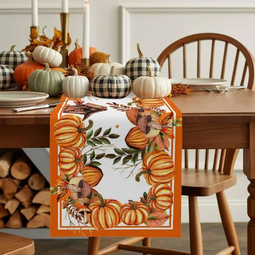 Vista 8 de T&H XHome Camino de mesa de lino de 36 pulgadas de largo para Acción de Gracias, otoño, calabaza, naranja, acuarela, para fiesta, comedor, aparador