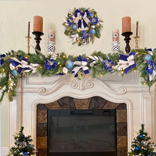 Vista 2 de Corona de Navidad preiluminada para puerta delantera con temporizador, 20 luces, corona de Navidad iluminada, bola de Navidad azul plateado