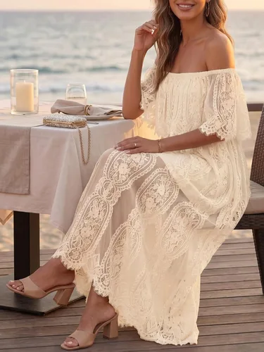 Vista 6 de Holipick Vestido Maxi de Encaje con Hombros Descubiertos para Mujer Estilo Boho Invitada de Boda Dama de Honor Playa Vestido Largo Formal Beige