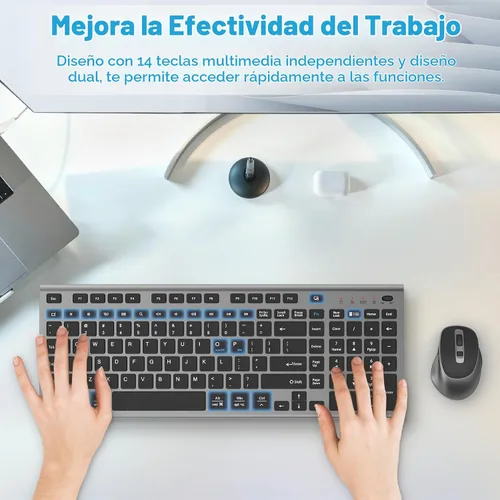 Vista 2 de FENIFOX Teclado inalámbrico recargable y ratón, con teclado numérico gris Negro Gris