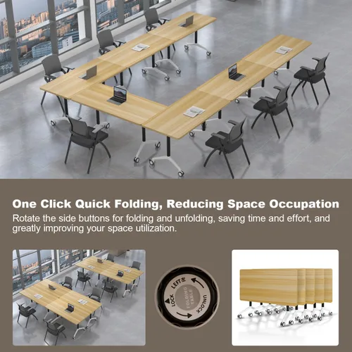 Vista 3 de Mesa de conferencias con tapa abatible, mesa modular plegable para sala de conferencias con ruedas, mesa de sala de reuniones con ruedas, mesa Hoja