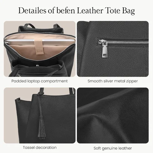 Vista 4 de befen Bolso de hombro para mujer de cuero genuino, bolsos para portátil con compartimentos, bolsos de mano