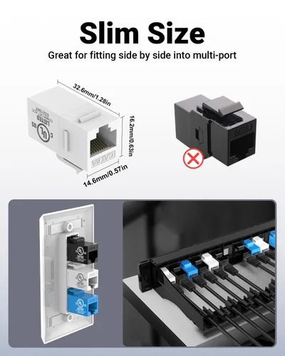 Vista 6 de VCE Acoplador Keystone CAT6 con certificación UL, paquete de 25 unidades, acoplador Ethernet hembra a hembra, acoplador RJ45 para CAT6/CAT5e/CAT5