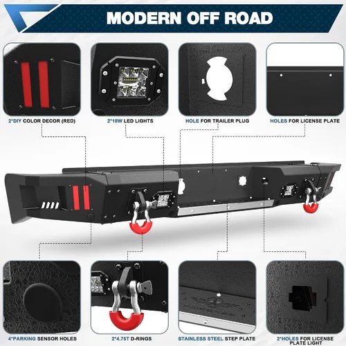 Vista 2 de Silverado Parachoques trasero para Chevy Silverado/GMC Sierra 1500 2007-2013 Negro texturizado con anillos en D, luces LED, orificios