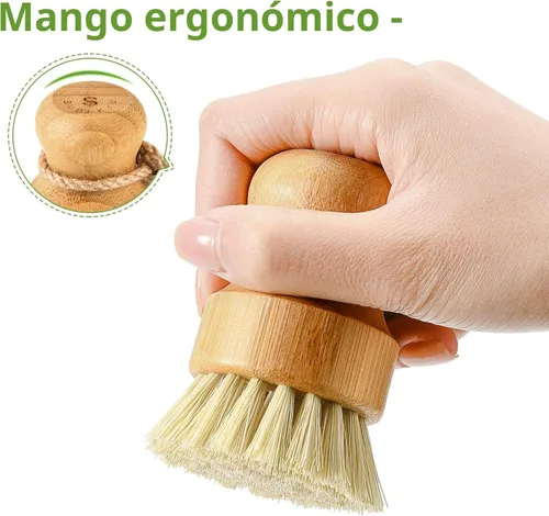 Vista 4 de SUBEKYU - Juego de cepillos de bambú para platos de cocina, juego de estropajos de limpieza de madera para lavar sartenes/ollas de hierro fundido