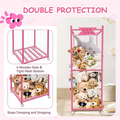 Vista 4 de Zoológico de almacenamiento de animales de peluche con ruedas, soporte de madera grande para animales de peluche, organizador de juguetes