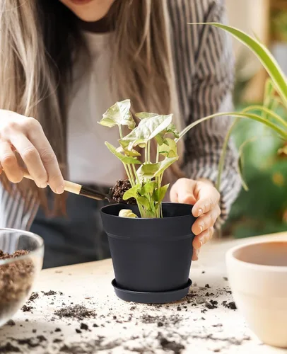 Vista 5 de homenote Macetas de plantas, macetas de 6/7.5 pulgadas para plantas, macetas de plástico para interior con múltiples agujeros de drenaje y bandejas