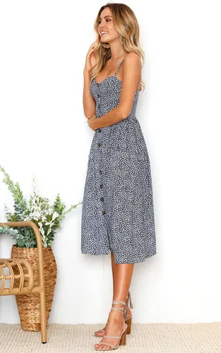 Vista 3 de Angashion - Vestido floral de verano estilo bohemio para mujer, con botones, bolsillos y tiras ajustables