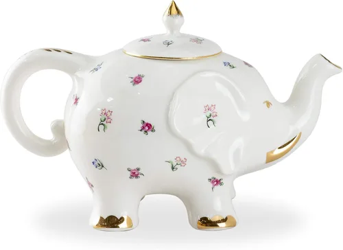 Vista 2 de Elefante feliz de porcelana fina (juego de té de 3 piezas, spray floral pequeño) con ribete dorado