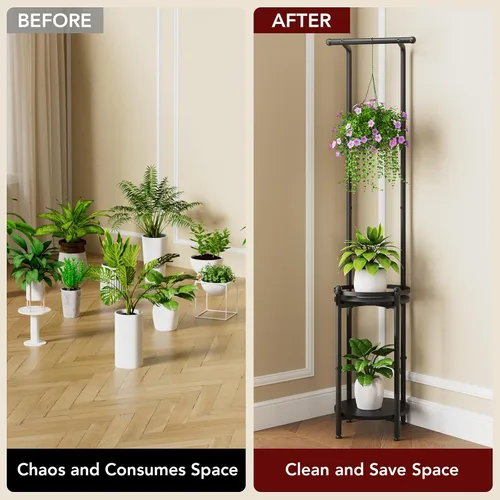Vista 7 de Homsorout Soporte para plantas para interiores y exteriores, soporte de metal resistente de 2 niveles para plantas colgantes de hierro que ahorra