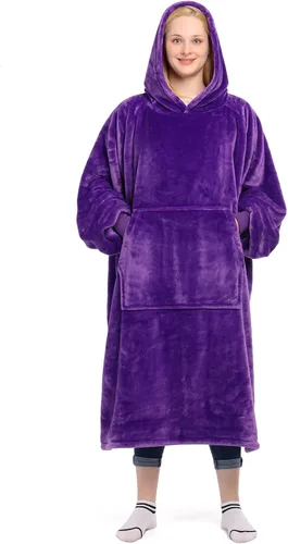 Vista 35 de Waitu - Sudadera tipo manta, para regalar a hombre o mujer, muy cálida y acogedora, gigantesca, con capucha, de gruesa franela, con mangas y un Negro