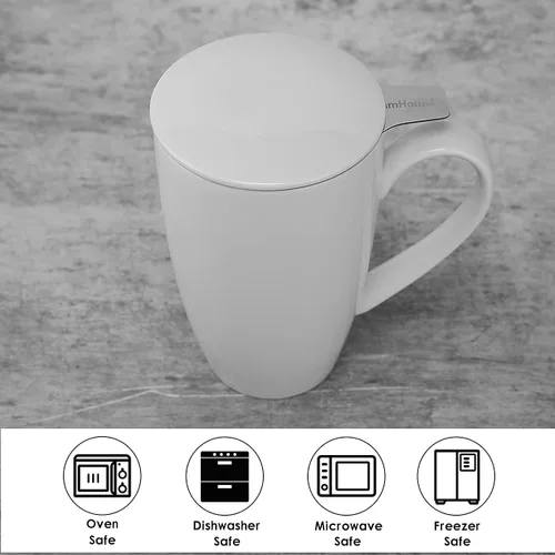 Vista 5 de amhomel Taza de té de porcelana con infusor y tapa, taza de té de cerámica de 16 onzas para hojas sueltas, café, cacao y leche, regalo de té