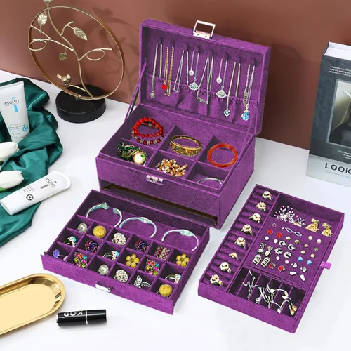 Vista 4 de Cajas de Joyería para Mujeres Morado Organizador de Joyas de Terciopelo con Cerradura, Organizadores de Joyas para Adolescentes y Caja Organizadora