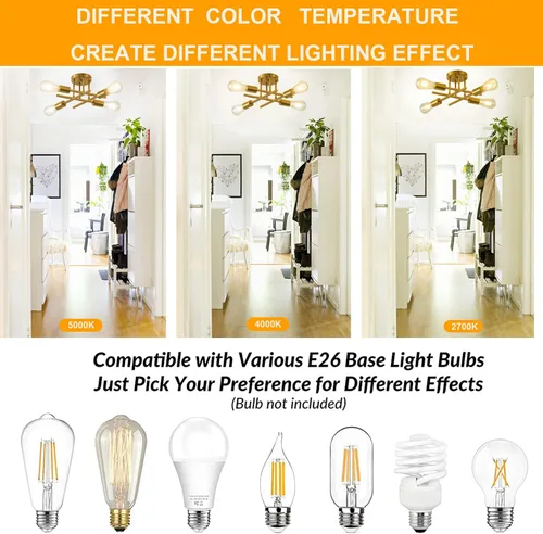 Vista 4 de Moderna lámpara de techo semiempotrada, 4 luces de casa de campo, montaje de techo dorado, luces de techo para interiores, para sala de estar