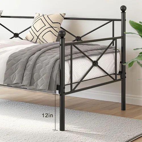 Vista 2 de VECELO Marco de cama de día con cabecero, plataforma de soporte de listones de metal resistente para sala de estar, habitación de invitados, fácil