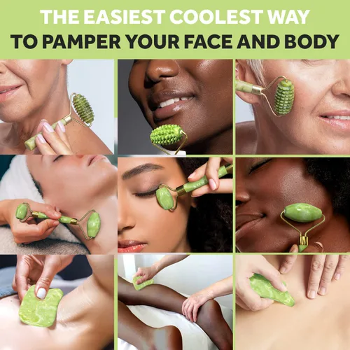 Vista 5 de Juego de rodillos de jade para cara y Gua Sha, 2 rodillos faciales antienvejecimiento y herramienta facial Gua-Sha, masajeador facial y corporal
