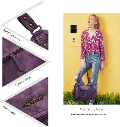 Vista 124 de Angel Barcelo - Bolsa de hombro amplia para mujer, diseño Hobo, cuero lavado
