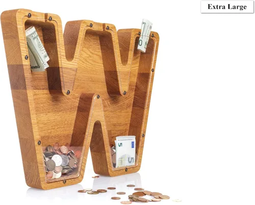 Vista 9 de Alcancía de madera personalizada con letra para niños, niñas y adultos, bancos de monedas de madera de roble duradero, 3 tamaños para elegir