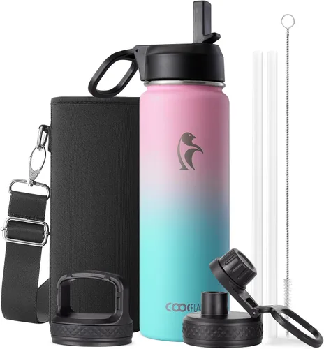 Vista 8 de Coolflask Botella de agua de 20 onzas aislada con pajilla, 3 tapas de metal de acero inoxidable, botella de agua de boca ancha para deportes u
