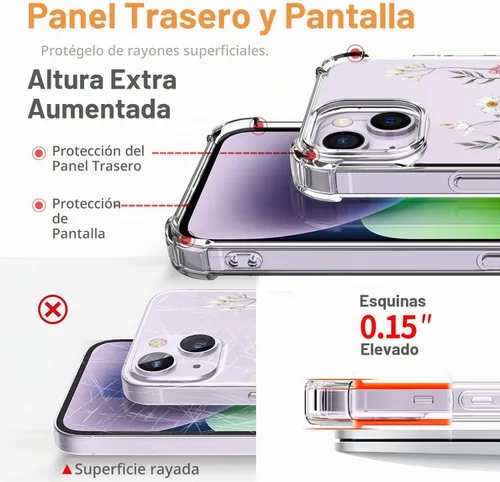 Vista 4 de Funda para iPhone 14, [3 en 1] con protector de pantalla y protector de lente de cámara, diseño de patrón de flores, transparente, suave, a prueba