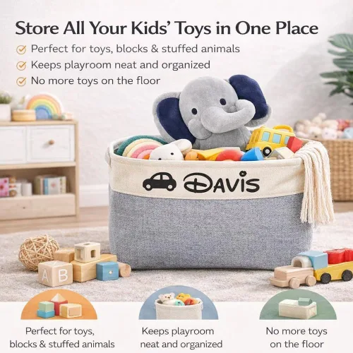 Vista 3 de Cesta de almacenamiento de juguetes personalizada para niños con nombre, cajas organizadoras de almacenamiento de juguetes personalizadas