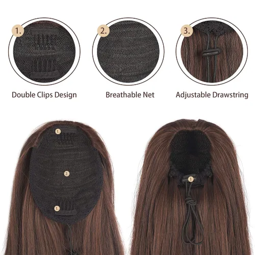 Vista 4 de BARSDAR Extensión de Cola de Caballo Corta y Recta - Extensiones de Cabello de Cola de Caballo con Cordón de 14 Pulgadas en Negro para Mujeres