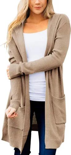 Vista 12 de MEROKEETY - Cárdigan de punto y de manga larga 2023 para mujer, suéter con parte delantera abierta y capucha Beige