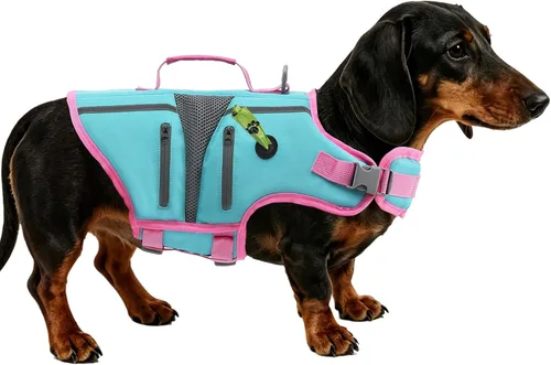 Vista 19 de EMUST Chalecos salvavidas ajustables para perros pequeños con flotabilidad mejorada, chaleco de natación pequeño con asa de rescate duradera