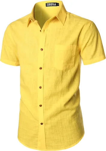 Vista 3 de ZEROYAA Camisas de manga corta con botones y algodón y lino para hombre, ligeras, con bolsillo