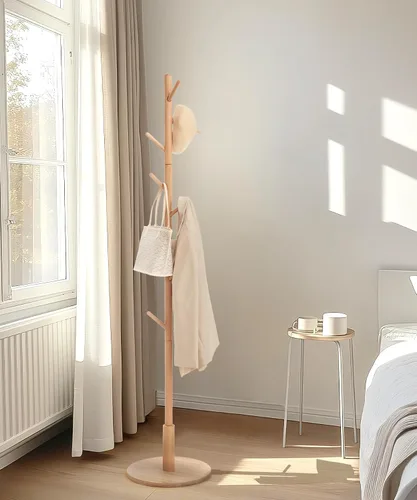 Vista 5 de Cozivolife Perchero de pie, perchero de madera con 9 ganchos y 3 alturas ajustables, abrigo de árbol de madera de haya para dormitorio, oficina