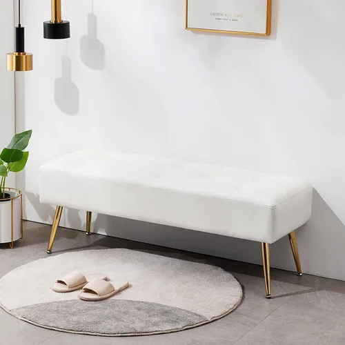 Vista 12 de Furniliving Banco de 44 Pulgadas para Dormitorio, Bancos Otomanos Tapizados con Tela Rayada y Tufting con Patas de Metal en Forma de X para Sala