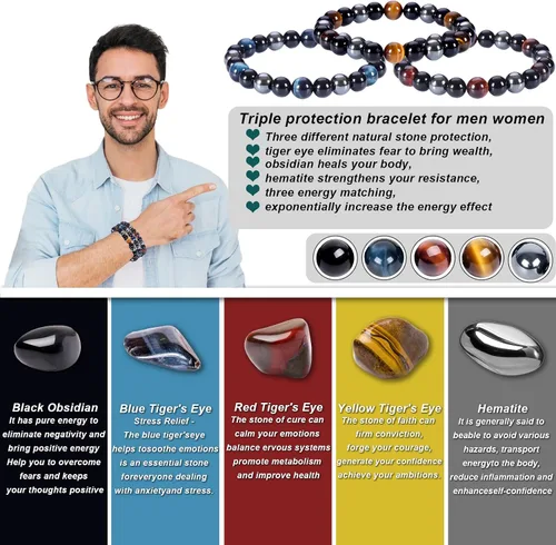 Vista 9 de SAMXY Triple Protection Bracelet, 8mm Healing Crystal Bead Bracelet, 3pcs Blue Red Tiger's Eye Obsidian Hematite Bracelet Women Men
