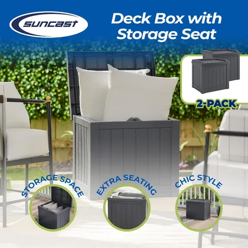 Vista 2 de Suncast Paquete de 2 cajas de almacenamiento pequeñas de 22 galones para interiores o exteriores, con atractivo asiento de banco y tapa reforzada