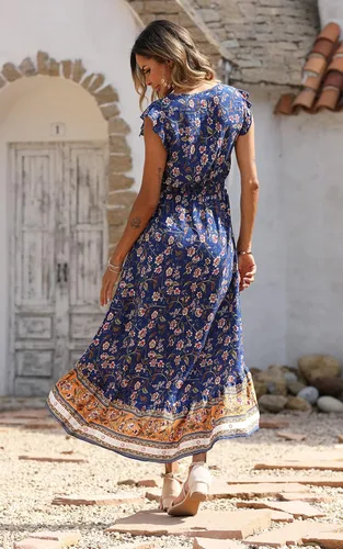 Vista 2 de PRETTYGARDEN Vestido largo de verano para mujer, casual, floral, cuello en V, mangas casquillo, bohemio, alto y bajo, vestido largo de sol