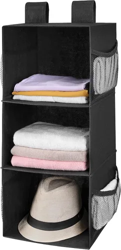Vista 9 de MAX Houser Organizador de armario colgante de 3 estantes con 2 velcros, beige Organizador de suéter colgante, estantes colgantes plegables