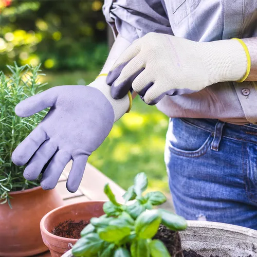 Vista 5 de HANDLANDY Guantes de jardinería para mujer, 3 pares de guantes de trabajo transpirables con revestimiento de nitrilo, el mejor regalo para mujeres