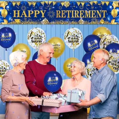 Vista 4 de Decoraciones de feliz jubilación: pancarta grande azul marino dorado con 18 globos para hombres y mujeres, fiestas, cabina de fotos, suministros