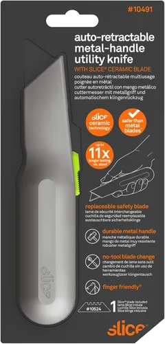 Vista 9 de Cuchillo utilitario con mango de metal, hoja de cerámica amigable con los dedos, se retrae automáticamente para mayor seguridad, mango de metal