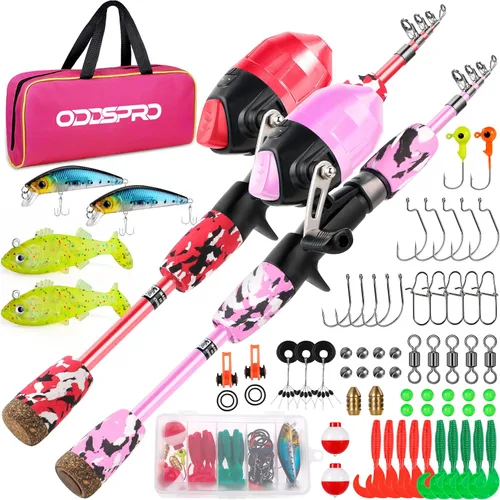 Vista 14 de ODDSPRO Caña de pescar para niños, kit combinado de caña de pescar y carrete telescópico portátil para niños, con caja de aparejos de pesca Spincast