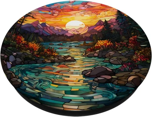 Vista 2 de Puesta de sol vidrieras mosaico paisaje escena PopSockets intercambiable PopGrip