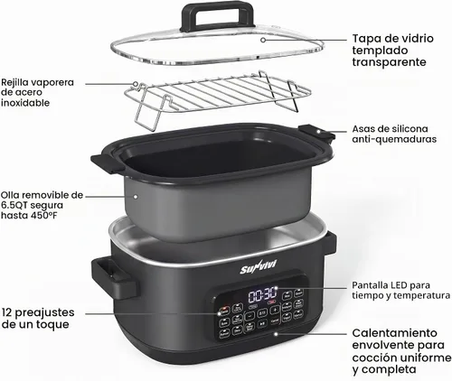Vista 8 de Sunvivi Cocina múltiple 12 en 1, olla de cocción lenta programable de 6.5 cuartos de galón con temporizador y control de temperatura, ajuste